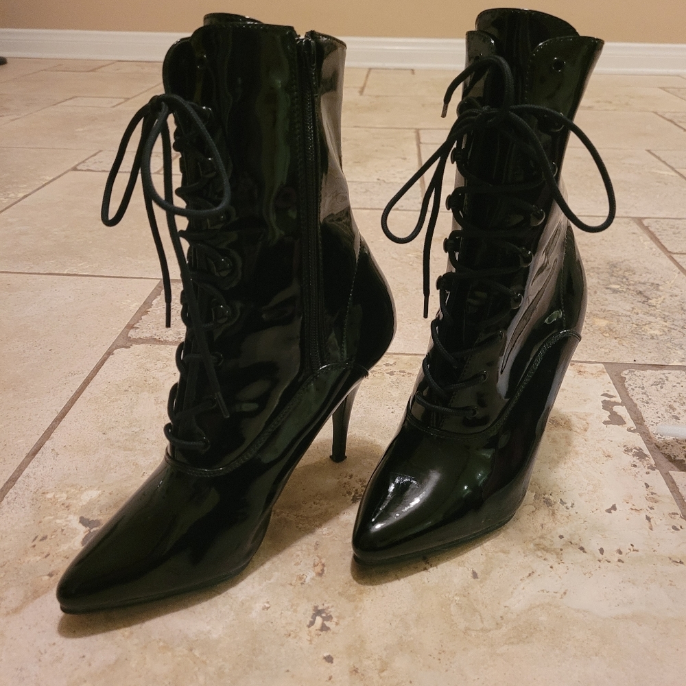 Pleaser Seduce Lace Up Heeled Ankle Boots Shiny